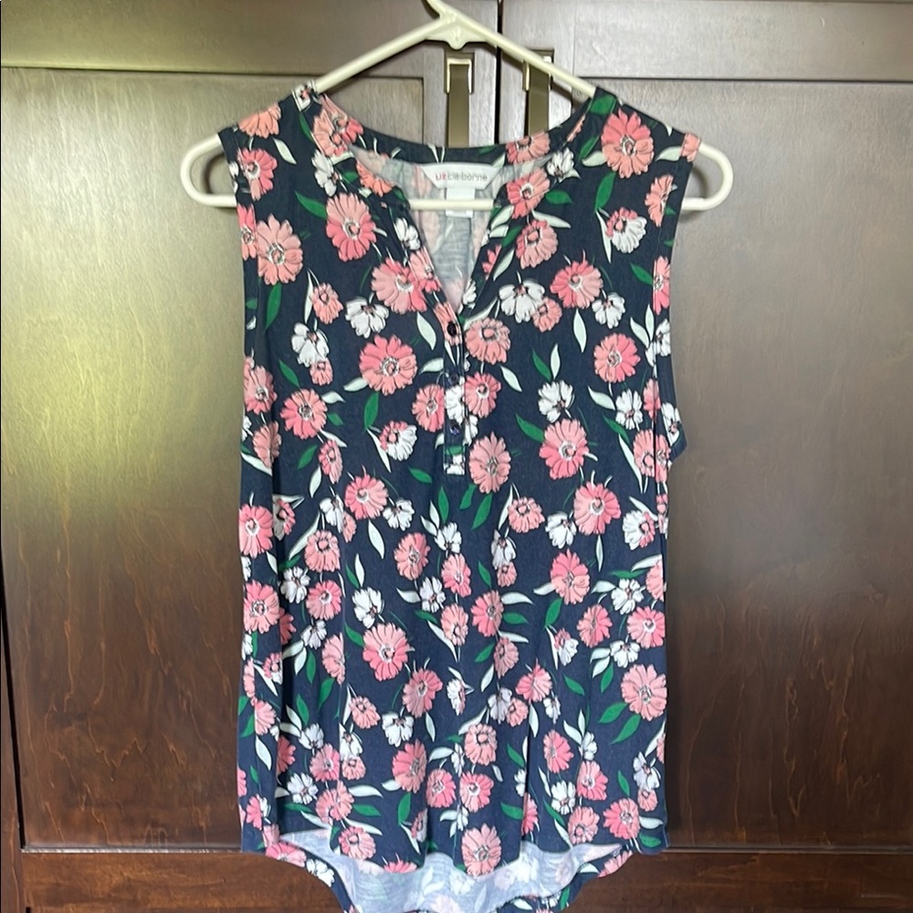 Liz Claiborne Floral Sleeveless Blouse - Pink and Green on Navy